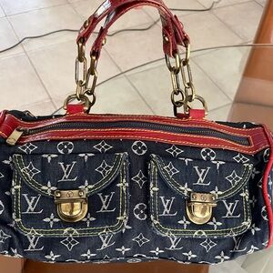 Inspired to look like LV Denim handbag Bag in Blue & white with red leather trim